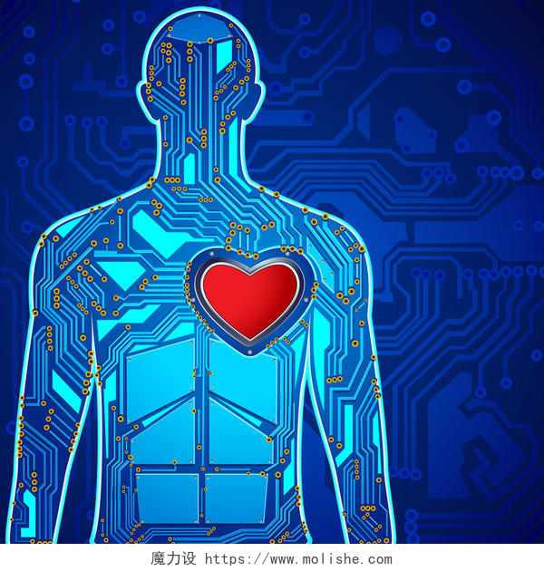 插图的心连接在人体中的芯片